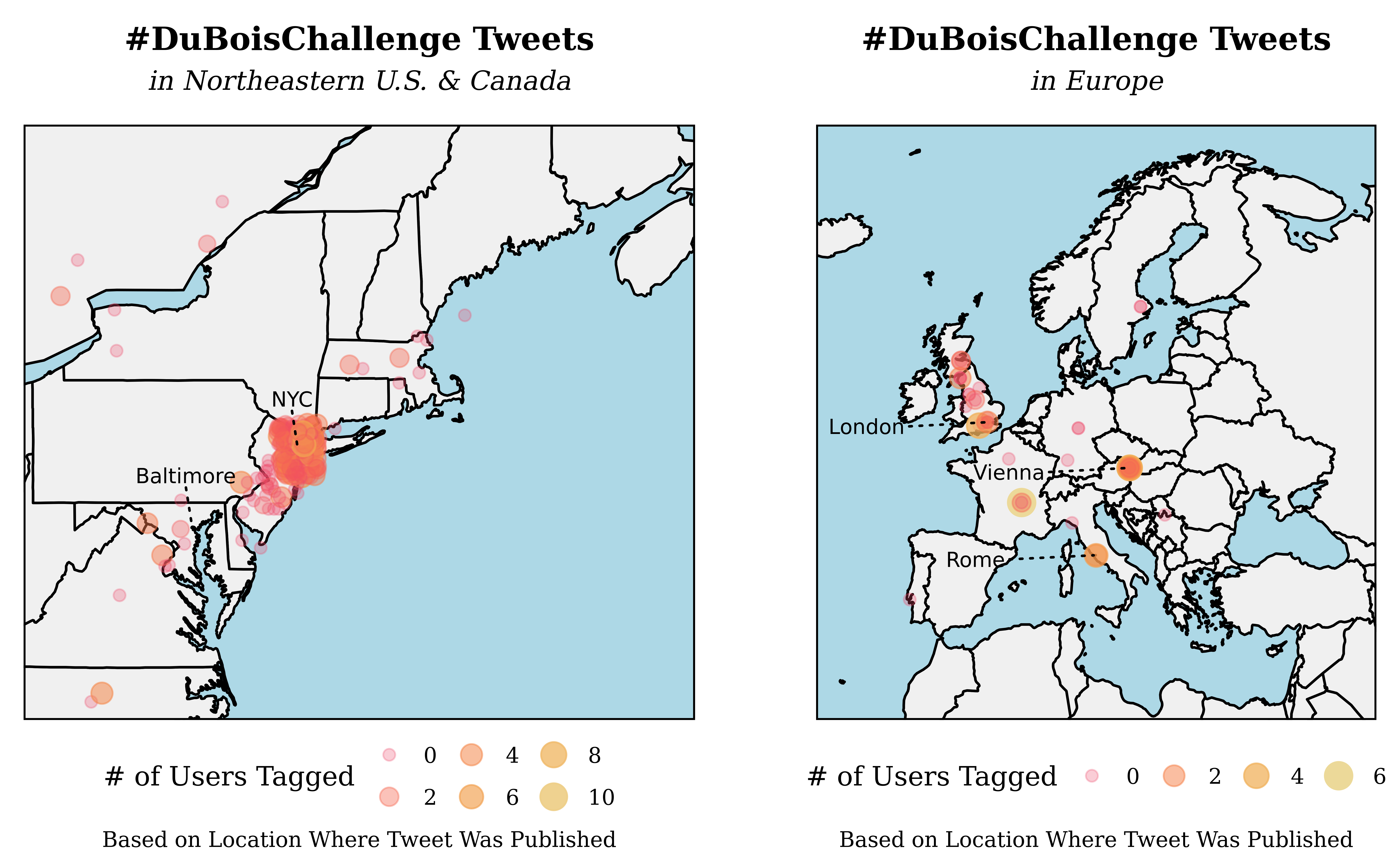 Twitter Trends from the #DuBoisChallenge comparingNorthern US & Canada and Europe.